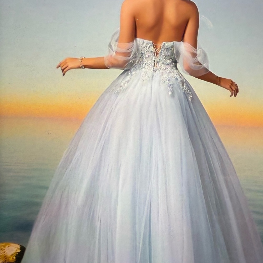 Glamorous light blue off the shoulder embroidered tulle formal dress - Picture 4 of 14